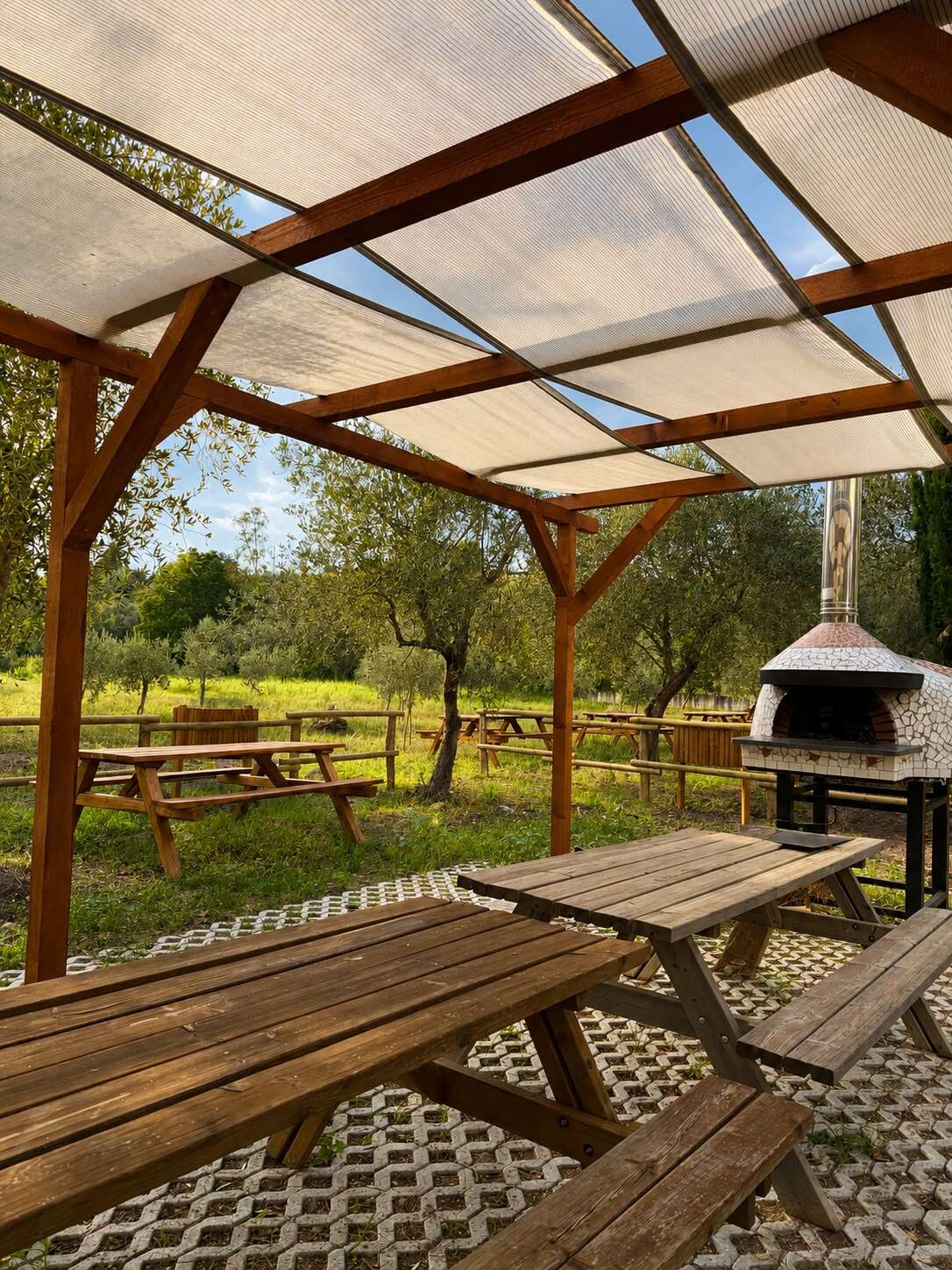 L'area picnic coperta con forno a legna tra gli ulivi