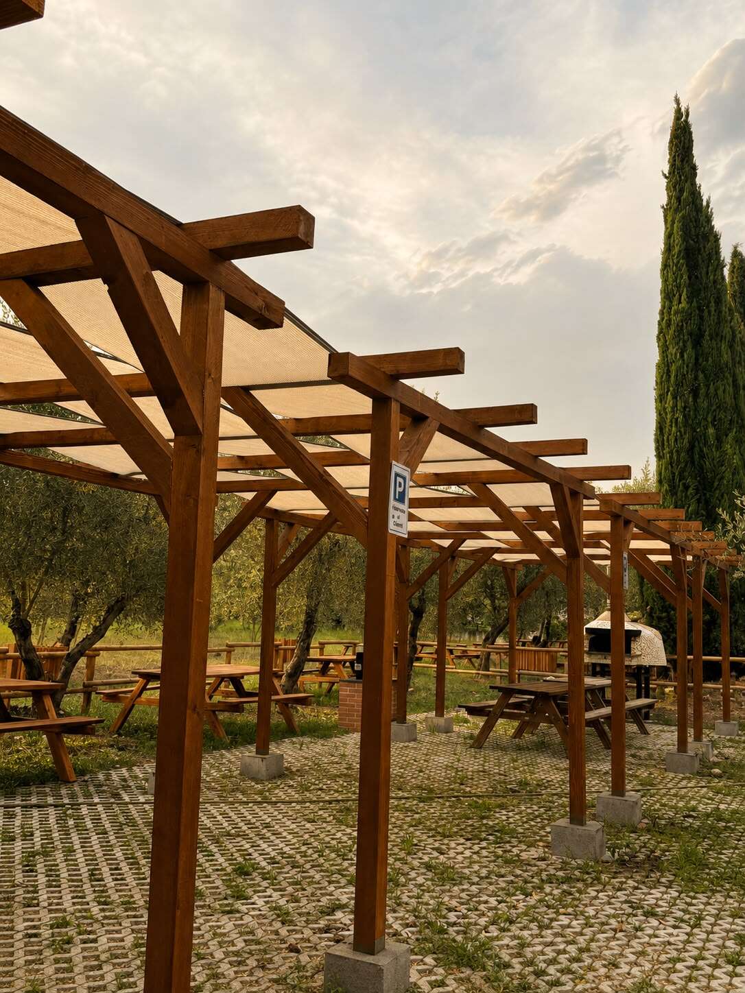 L'area pergolato con tavoli da picnic tra gli ulivi