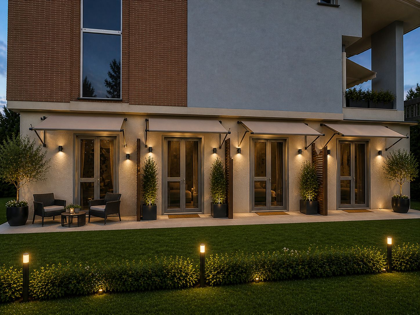 Terrazza con gazebo retrattile e prato — Il Respiro degli Ulivi